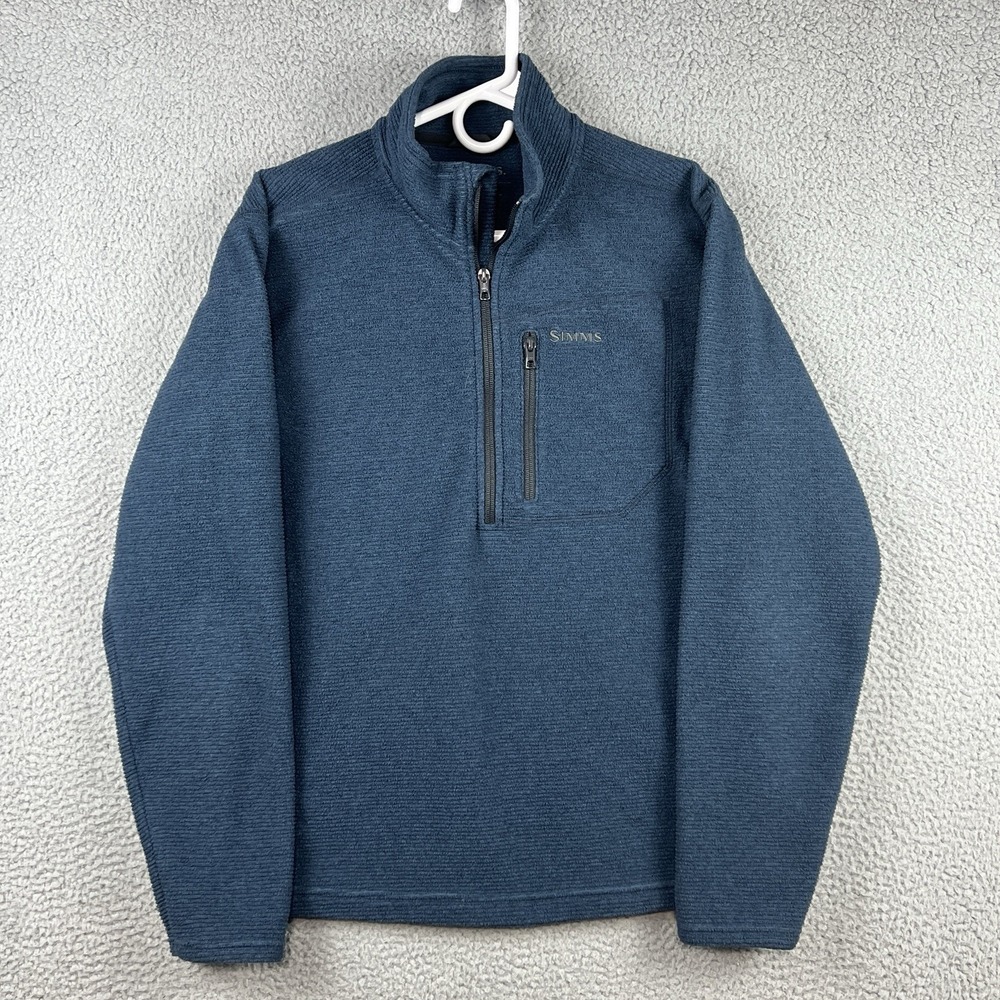 Simms Fishing Products Sweater Mens Small Blue 1/4 Zip Ribbed Chest Pocket
